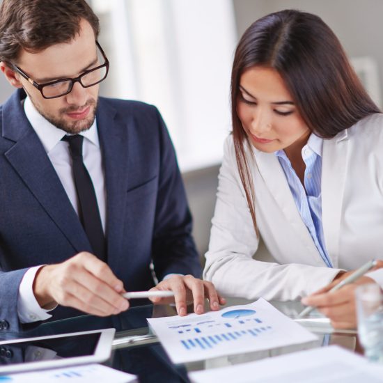 Portrait of smart businesswoman and businessman working in office